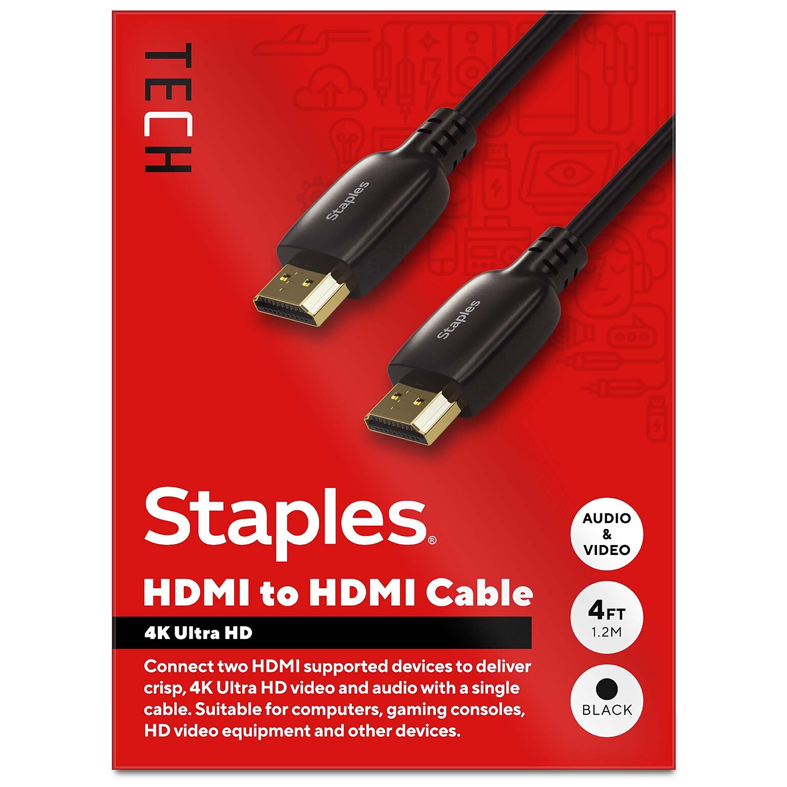 Staples TECH 4 ft. HDMI to HDMI Audio/Video Cable, Male to Male, Black (ST62468)
