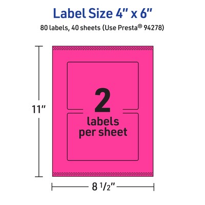 Avery Laser/Inkjet Rectangle Multipurpose Labels, 4" x 6", Neon Magenta, 80/Pack (94278)