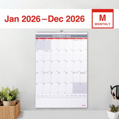 2026 Staples 15.5 x 22.75 Monthly Wall Calendar, White/Red/Gray (ST53925-26)