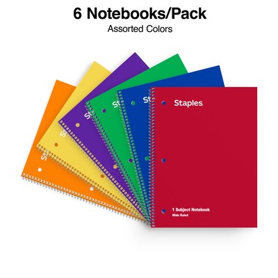 Staples 1-Subject Notebooks, 8" x 10.5", Wide Ruled, 70 Sheets, Assorted Colors, 6/Pack (TR11667)