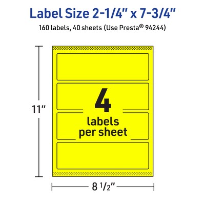 Avery Laser/Inkjet Rectangle Multipurpose Labels, 2.25" x 7.75", Neon Yellow, 160/Pack (94244)