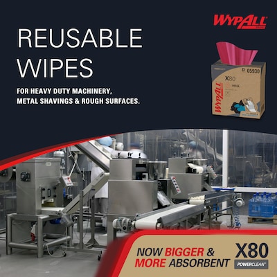 WypAll PowerClean X80 Cloths, 8.34" x 16.8", Red, 76 Sheets/Box, 5 Boxes/Carton (05930)
