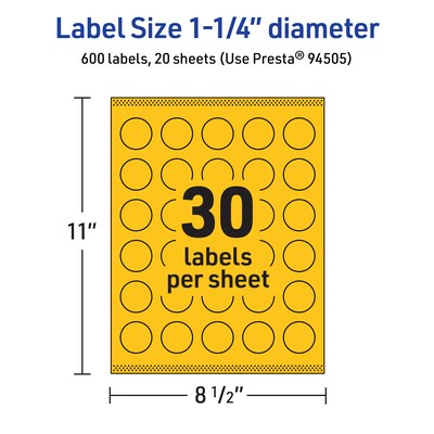 Avery Laser/Inkjet Round Multipurpose Labels, 1.25" Dia., Bright Yellow, 600/Pack (94505)