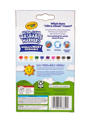 Crayola Ultra-Clean Washable Markers, Fine Line, Assorted Colors,  10/Box (58-7852)