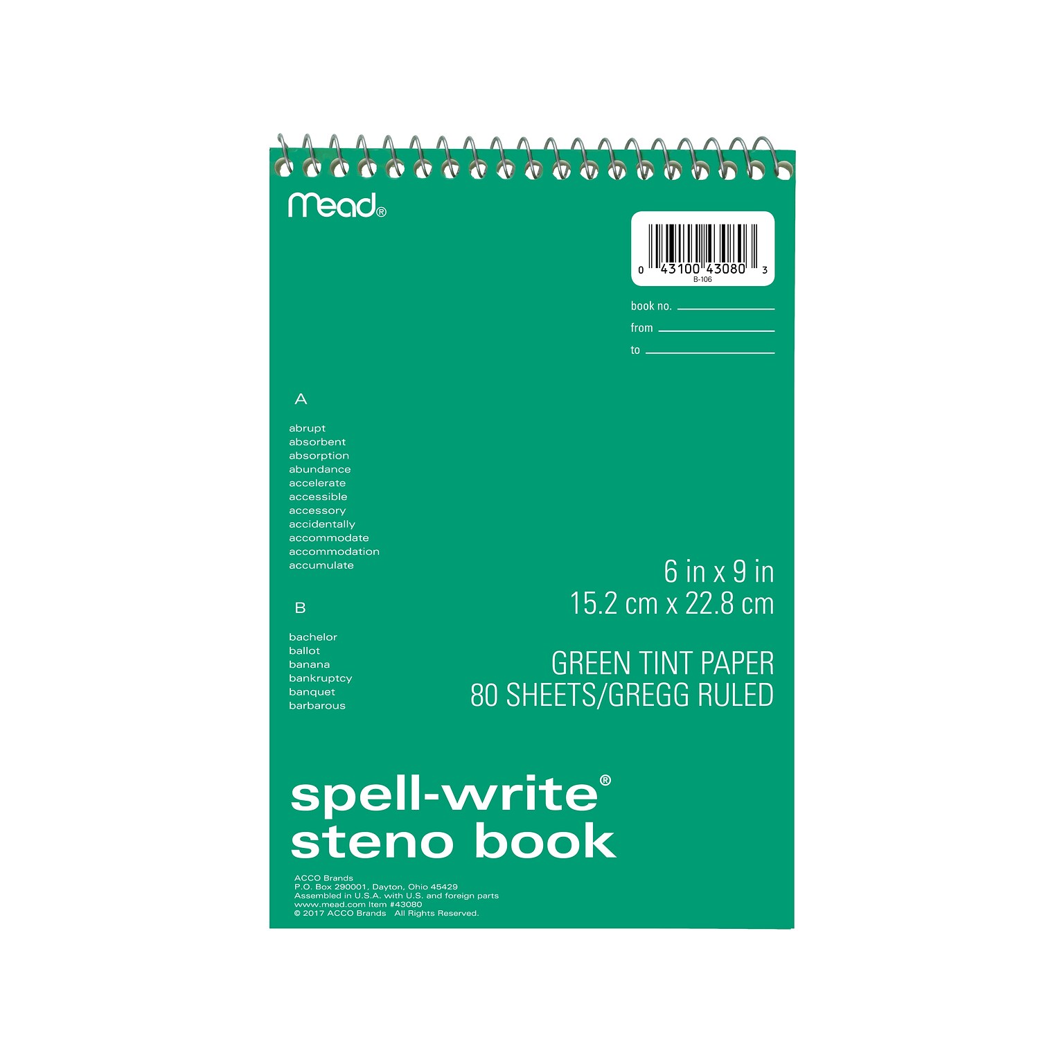 Mead Spell-Write Steno Pad, 6 x 9, Gregg-Ruled, Assorted Colors, 80 Sheets/Pad (43080)