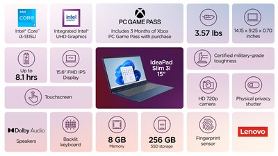 Lenovo IdeaPad Slim 3 15.6 LCD Touch-Screen Laptop, Intel Core i3, 1.2 Ghz, 8GB RAM, 256GB SSD, Win