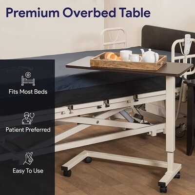 Medacure Adjustable Bedside Table w/ Wheels, 50 lb. Capacity, Mahogany (OB2845)