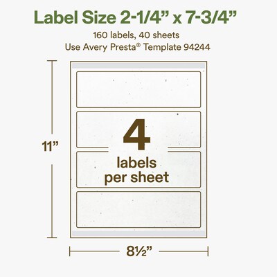 Avery Hemp Rectangle Laser/Inkjet Multipurpose Labels, 2-1/4" x 7-3/4", Off-White (160/Box)