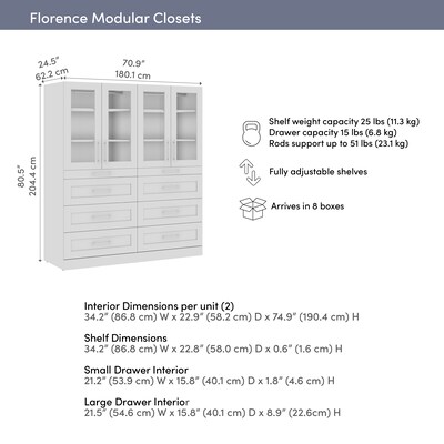 Bestar Florence Walk-In Closet System, 10 Shelves, 8 Drawers, 71"W x 25"D, White (127614-000017)