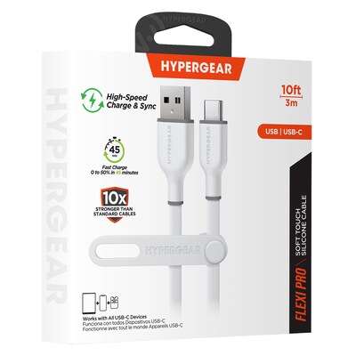 HyperGear Flexi Pro USB-A to USB-C Soft-Touch Silicone Charge and Sync Cable, 10 ft., White (15911)