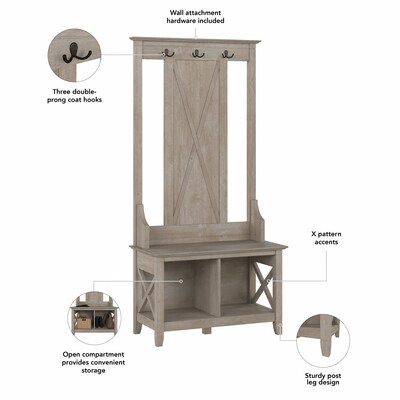 Bush Furniture Key West 66" Hall Tree with Shoe Storage Bench, Washed Gray (KWS166WG-03)