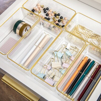 Martha Stewart Kerry Plastic Stackable Office Desk Drawer Organizer, Clear/Gold, 6/Set (BEPB9051G6CGD)