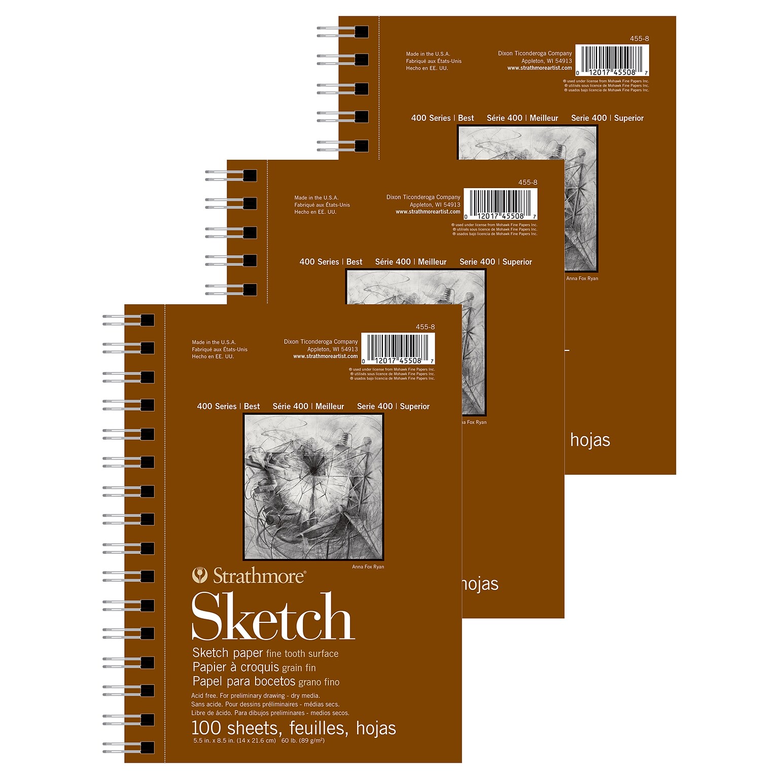 Strathmore 400 Series 5.5 x 8.5 Wire Bound Sketch Pad, 100 Sheets/Pad, 3/Bundle (STTP455806-3)