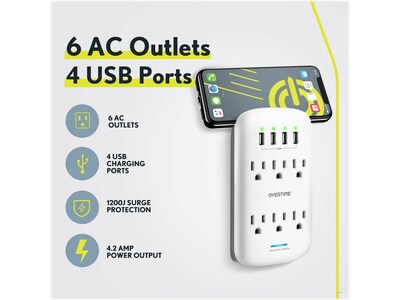 Overtime Wall Outlet Extender, 6 Outlets and 2 USB/2 USBC Ports, Surge Protector, White (OTWP6AC4USB42)