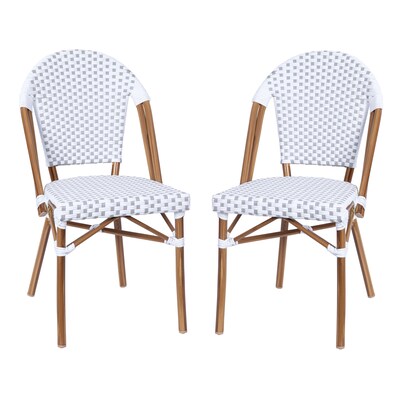 Flash Furniture Lourdes Contemporary Aluminum and PE Rattan Bistro Stack Chairs, White/Gray/Natural, Set of 2 (2SDA6421FWHGYNT)