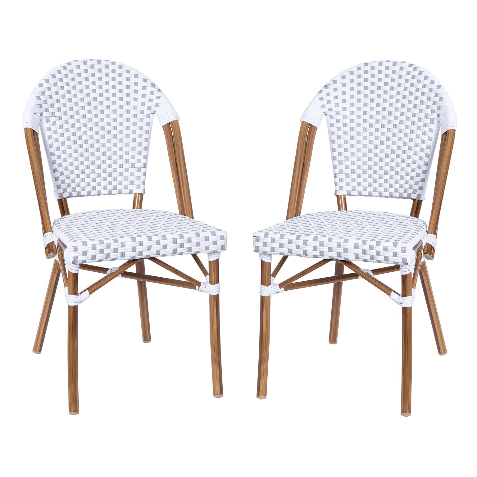 Flash Furniture Lourdes Contemporary Aluminum and PE Rattan Bistro Stack Chairs, White/Gray/Natural, Set of 2 (2SDA6421FWHGYNT)