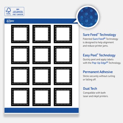 Avery Laser/Inkjet Square Multipurpose Labels, 2" x 2", White, 120/Pack (S00DKQ)