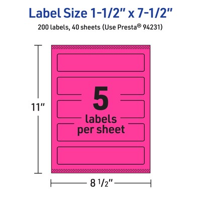 Avery Laser/Inkjet Rectangle Multipurpose Labels, 1.5" x 7.5", Neon Magenta, 200/Pack (94231)