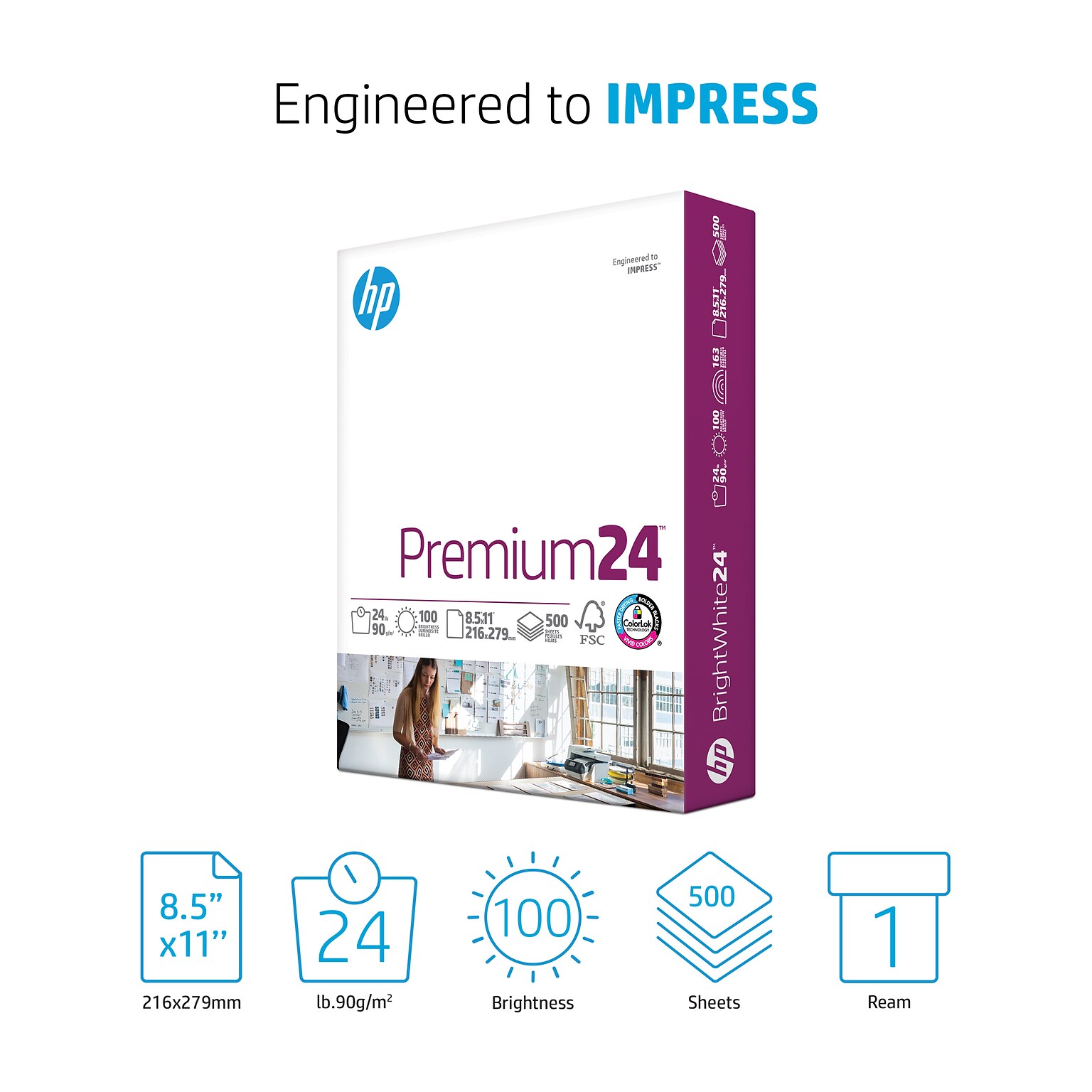 HP Premium24 8.5 x 11 Laser Paper, 24 lbs., 100 Brightness, 500 Sheets/Ream (HPJ1124)