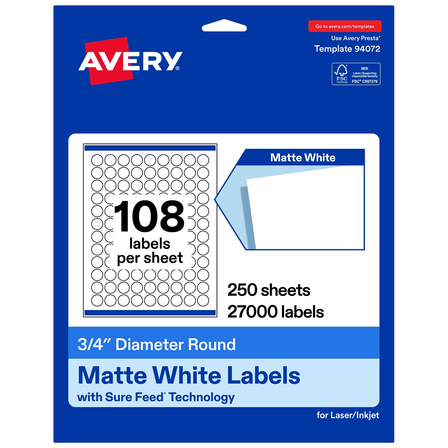 Avery Round Laser/Inkjet Multipurpose Labels, White, 108 Labels/Sheet, 250 Sheets/Pack (19479311270)