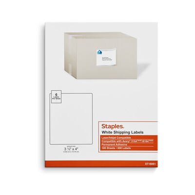Staples® Laser/Inkjet Shipping Labels, 3 1/3 x 4, White, 6 Labels/Sheet, 100 Sheets/Pack, 600 Labe