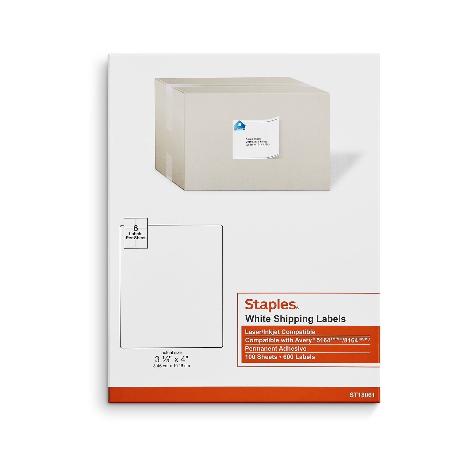 Staples® Laser/Inkjet Shipping Labels, 3 1/3 x 4, White, 6 Labels/Sheet, 100 Sheets/Pack, 600 Labels/Box (ST18061-CC)
