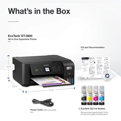 Epson EcoTank ET-2800-B Wireless Color Inkjet Printer, All-In-One Supertank, Print, Scan, Copy (9472532)