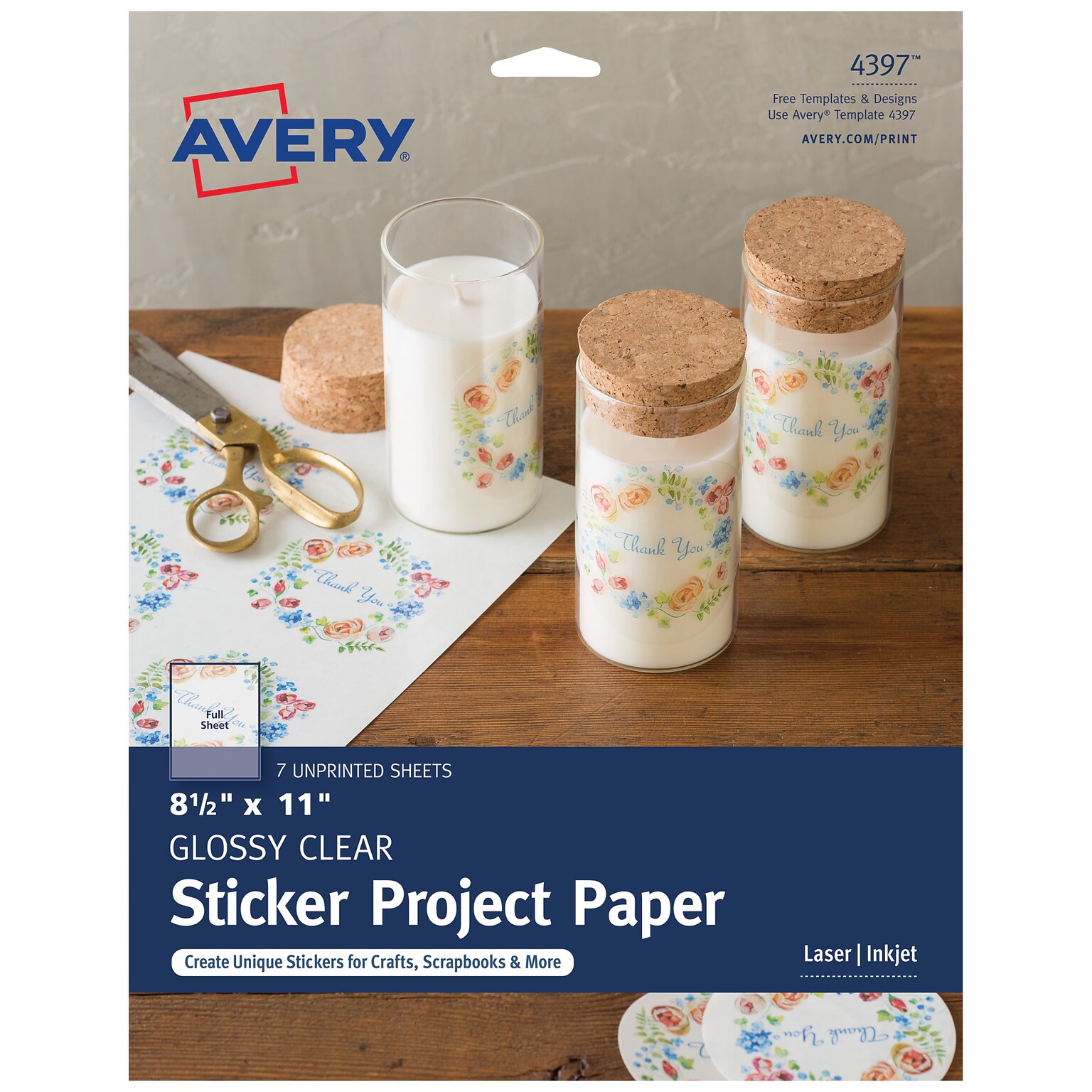 Avery Laser/Inkjet Multipurpose Printable Sticker Project Paper, 8.5 x 11, Glossy Clear, 7 Stickers/Pack (4397)