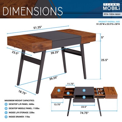 Techni Mobili Expandable 51" MDF Table Desk, Gray/Mahogany (RTA-1854-MAH)