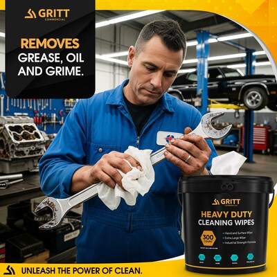 Gritt Commercial Heavy-Duty Multi-Surface Hand & Tool Cleaning Wipes, 10" x 12", 300 Count (GRI6-300)