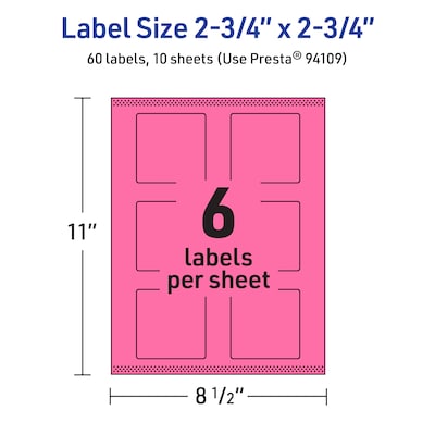 Avery Square Laser/Inkjet Multipurpose Labels, 2.75" x 2.75", Bright Pink (60/Pack)