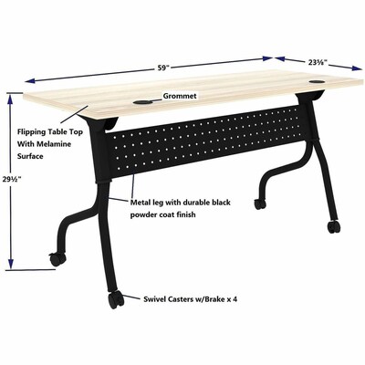 Lorell 60"W x 23.6"D Foldable Flip-Up Training Table, Melamine, With Wheels, Modern Elm/Black (LLR66376)