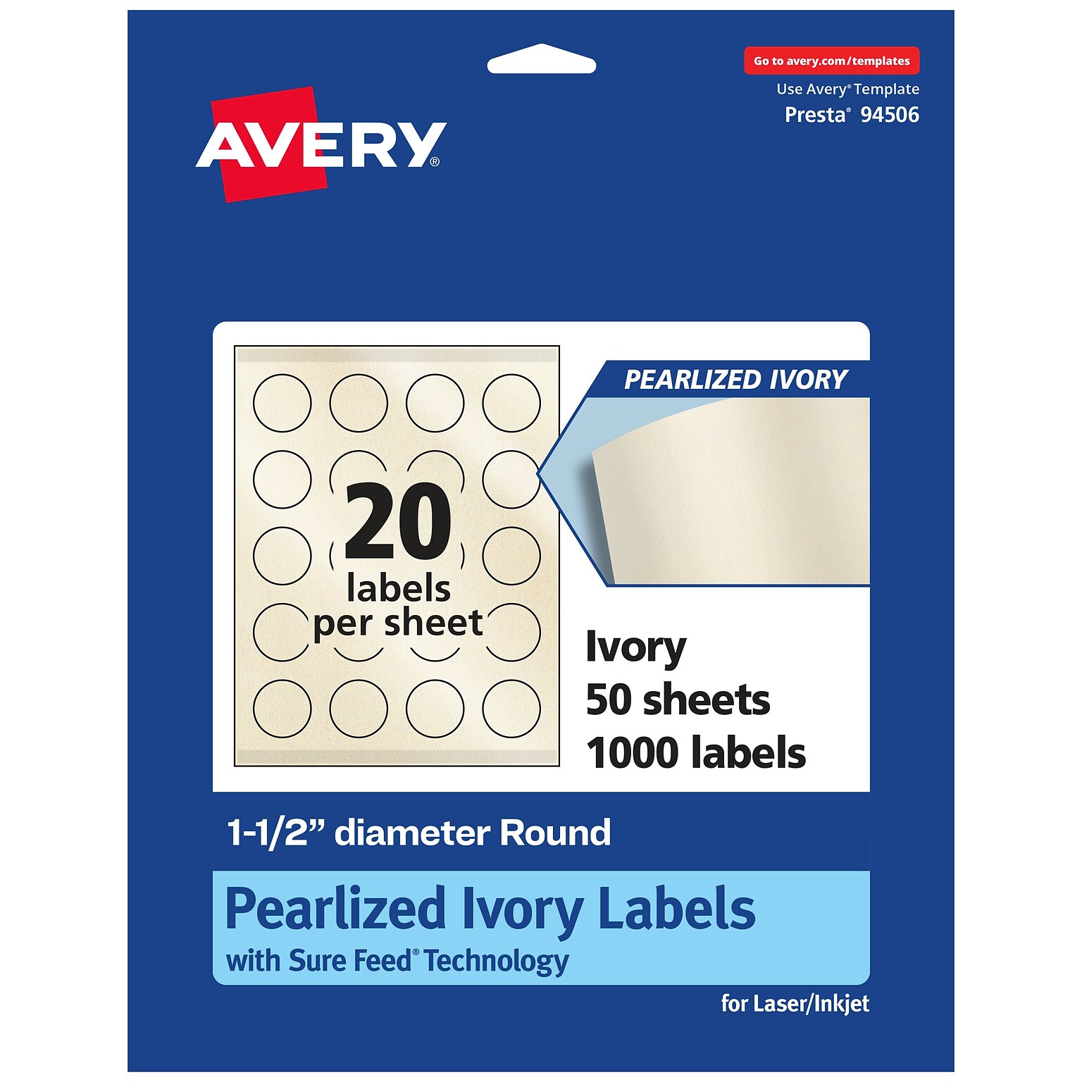 Avery Laser/Inkjet Round Multipurpose Labels, 1.5 Dia., Ivory, 1,000 Labels/Box (94506)