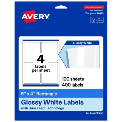 Avery Rectangle Laser/Inkjet Multipurpose Labels, White, 4 Labels/Sheet, 100 Sheets/Pack (19479311210)