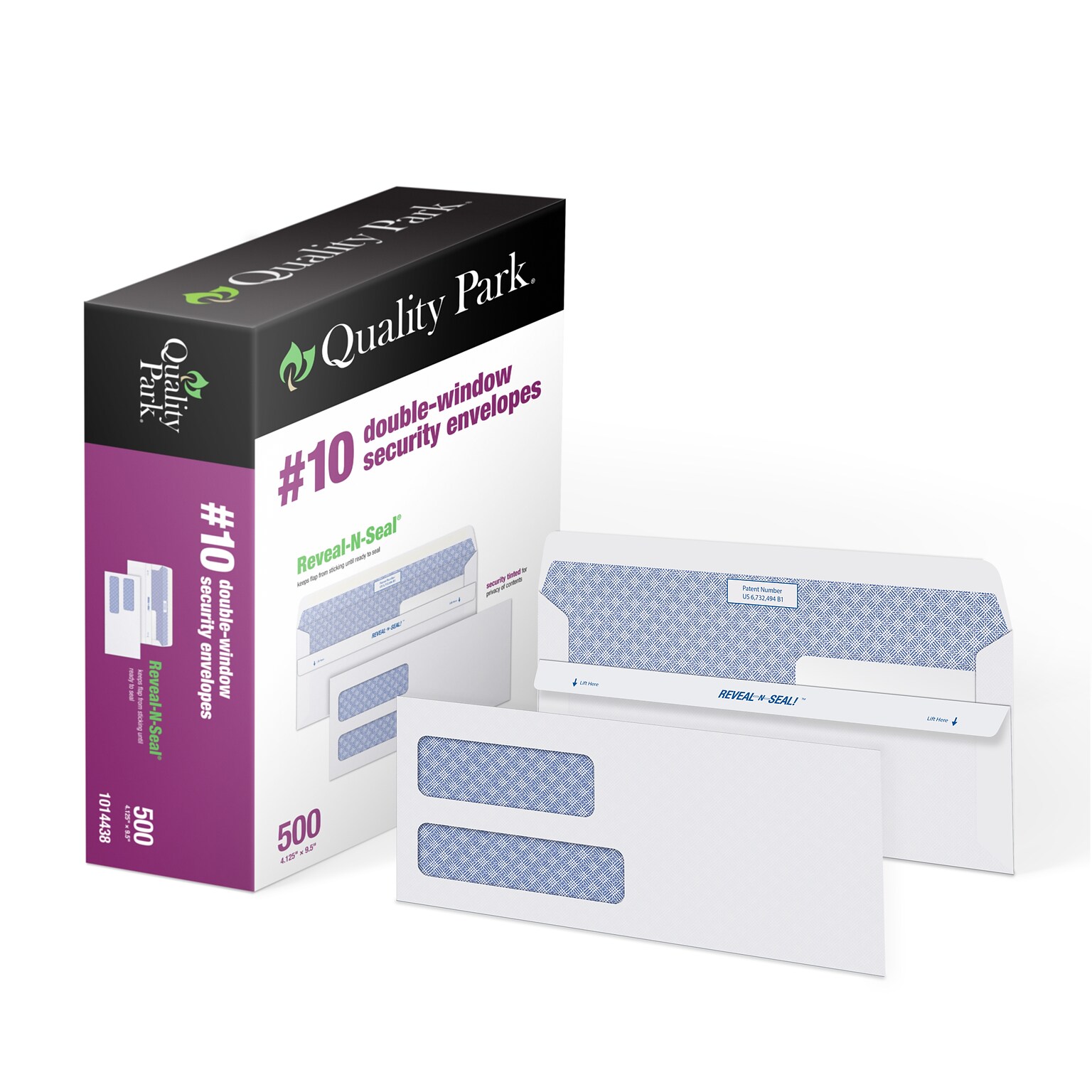 Quality Park Reveal-N-Seal Security Tinted #10 Double Window Envelope, 4-1/8 x 9-1/2, White, 500/Box (1014438)