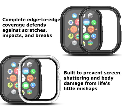 Fusion Protector Case 2-Pack with Tempered Glass for Apple Watch Series 10 (46 mm)  1 Black + 1 Tran