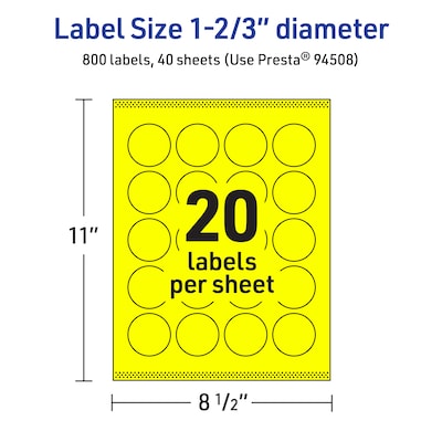 Avery Round Laser/Inkjet Multipurpose Labels, 1-2/3" Dia, Neon Yellow (800/Box)