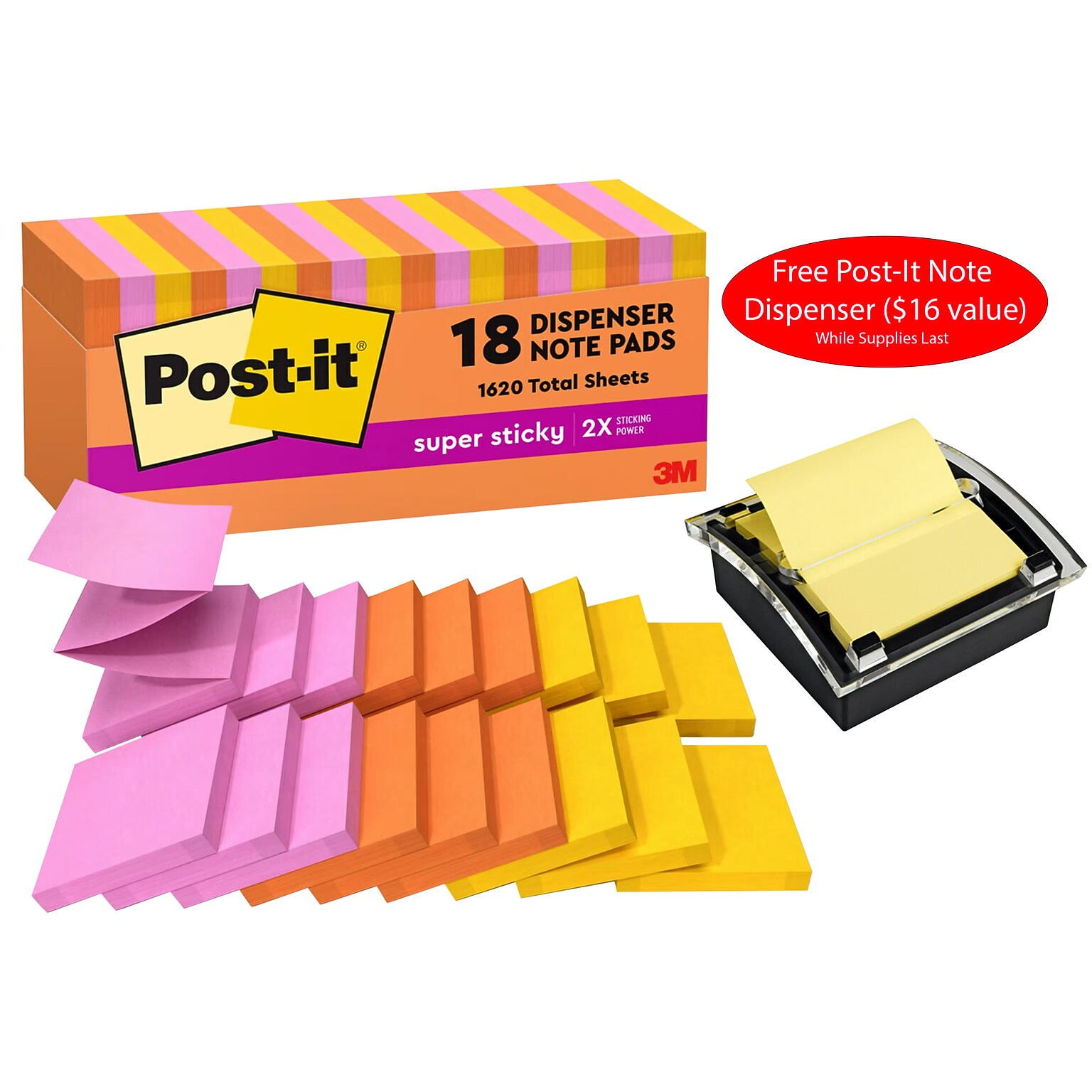Free Post-It Note Dispenser ($16 value) w/Purchase, 3 x 3 Pop Up Super Sticky Notes, Energy, 90 Sheet/Pad, 18 Pads/Pack