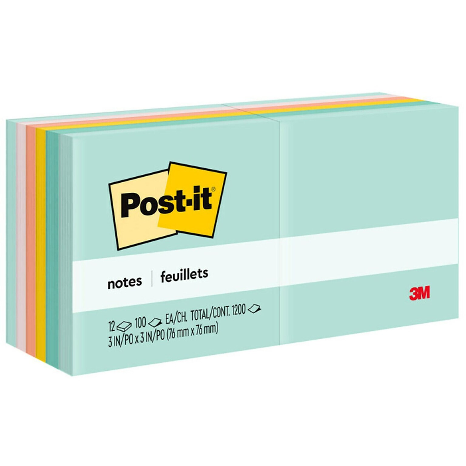 Post-it Notes, 3 x 3, Beachside Café Collection, 100 Sheet/Pad, 12 Pads/Pack (654AST)