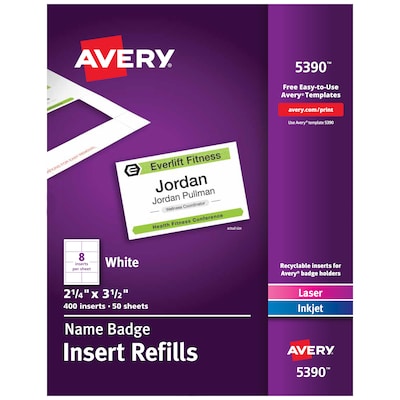 Avery Printable Laser/Inkjet Name Badge Insert Refills, 2 1/4" x 3 1/2", White, 400 Inserts Per Box (5390)