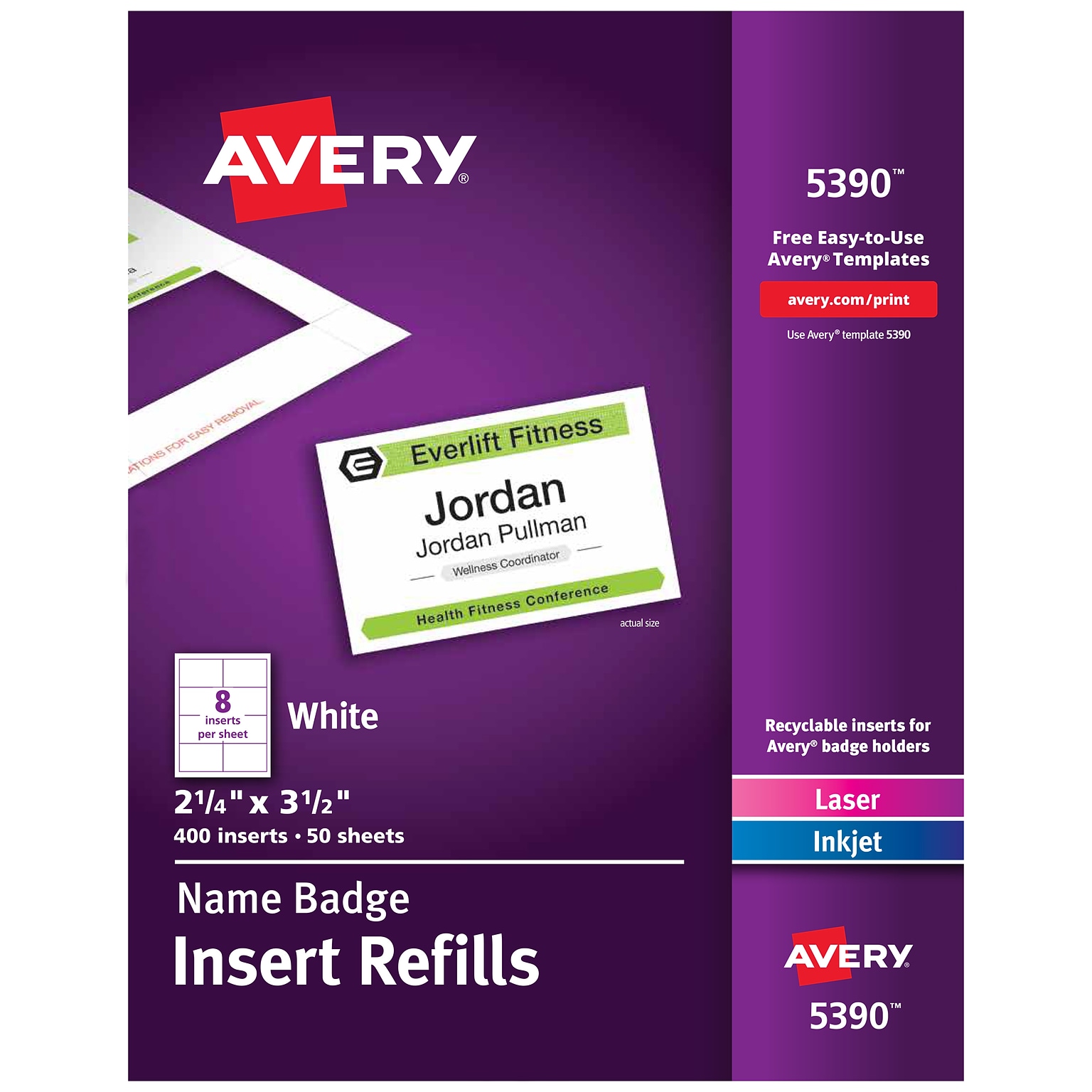 Avery Printable Laser/Inkjet Name Badge Insert Refills, 2 1/4 x 3 1/2, White, 400 Inserts Per Box (5390)
