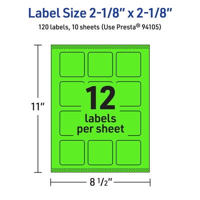 Avery Laser/Inkjet Multipurpose Square Labels, 2-1/8" x 2-1/8", Neon Green, 120/Pack (94105)