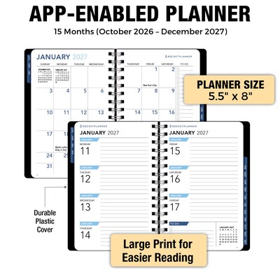 2027 Rocketbook Rocketplanner 6" x 8" Calendar Year Weekly & Monthly Planner, Plastic Cover (RKPL-CY27-5-BK)