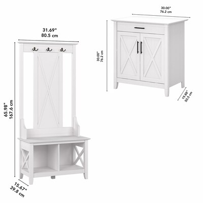 Bush Furniture Key West 66" Entryway Storage Set with Hall Tree, Shoe Bench, and Armoire Cabinet, Pure White Oak (KWS055WT)