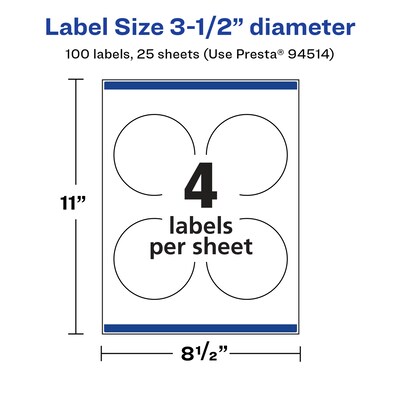 Avery Laser/Inkjet Round Multipurpose Labels, 3.5" Dia., White, 100 Labels/Pack  (94514)