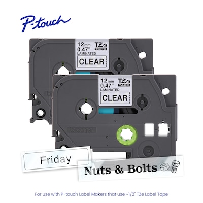 Brother P-touch TZe-131 Laminated Label Tape, 1/2" x 26.2', Black on Clear, 2/Pack (TZe1312PK)