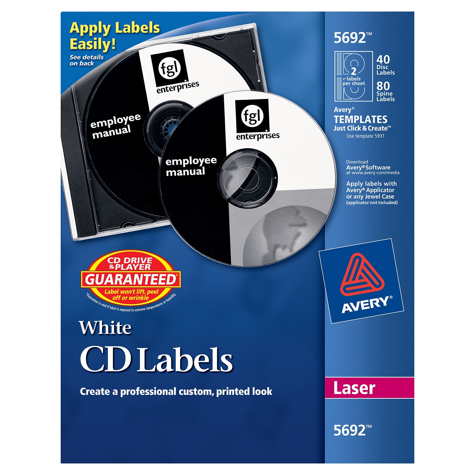 Avery Laser Media Labels, White Matte, 40 Disc and 80 Spine Labels/Pack (5692)