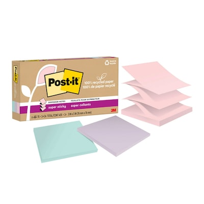 Post-it Wanderlust Pastels Recycled Pop-up Super Sticky Notes, 3 x 3, 70 Sheets/Pad, 6 Pads/Pack (