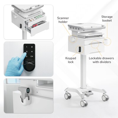 Mount-It! MedHub Height-Adjustable Medical Cart with 2 Lockable Drawers, Power Strip and Locking Casters, White/Grey (MI-16037)