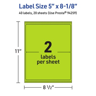 Avery Printable Rectangle Multipurpose Labels, 5" x 8-1/8", Bright Green, 40/Pack (94259)